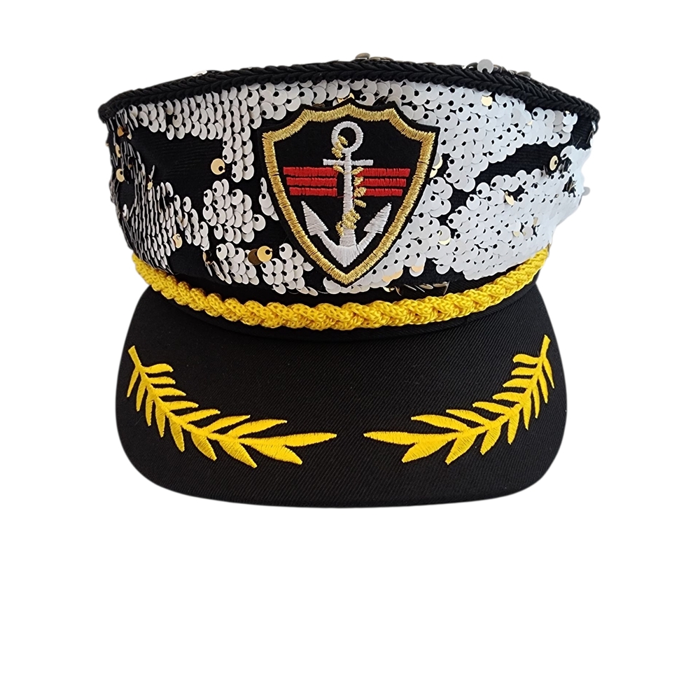 Captain HAT/ ADJUSTABLE / BLSCK VELVET AND WHITE SEQUIN & GOLD